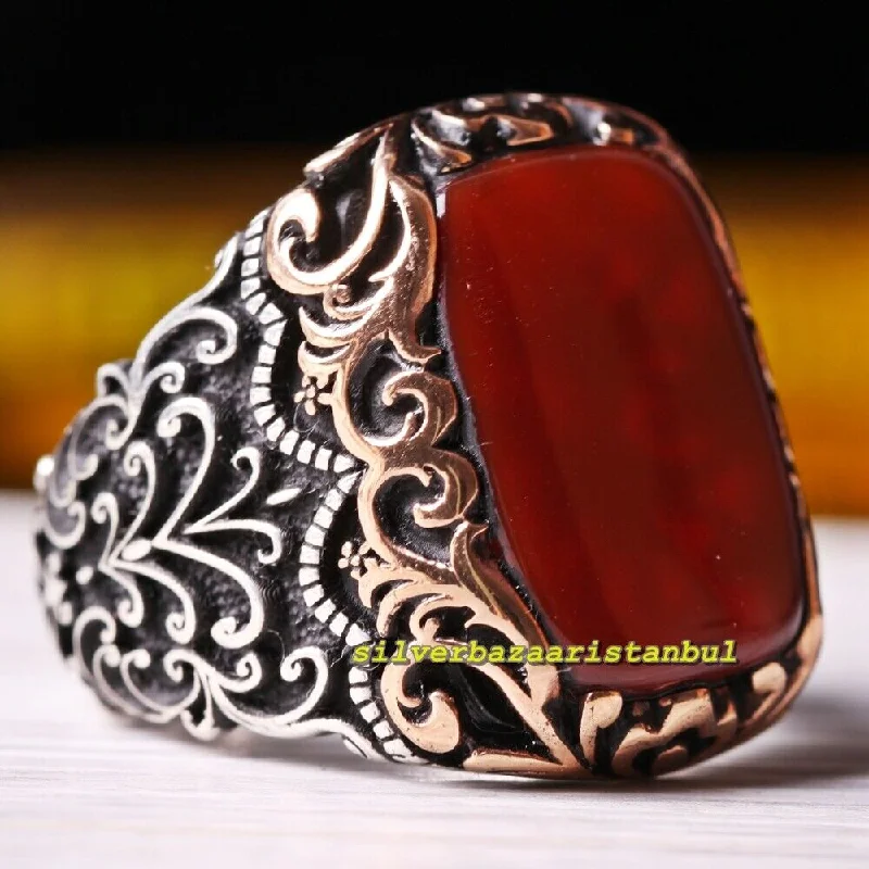 Turkish Handmade 925 Sterling Silver Red Agate Aqeeq Stone Mens Ring