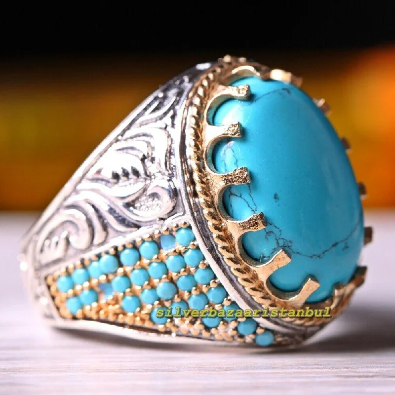 Turkish Handmade 925 Sterling Silver Relief Turquoise Stone Mens Ring