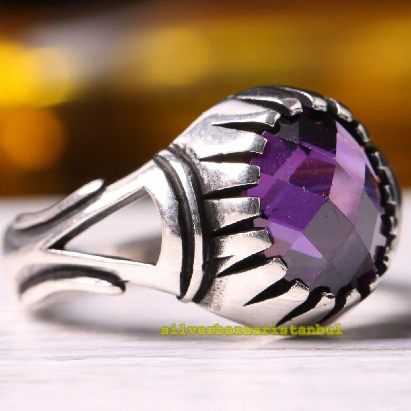 Turkish Handmade 925 Sterling Silver Round Amethyst Stone Mens Ring