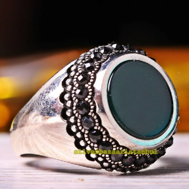 Turkish Handmade 925 Sterling Silver Round Emerald Mens Ring