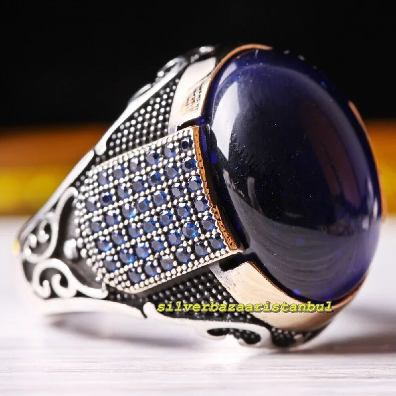 Turkish Handmade 925 Sterling Silver Soft Blue Sapphire Stone Mens Ring