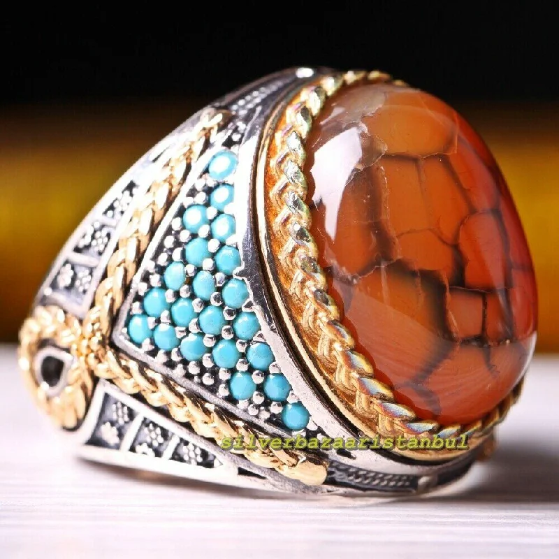 Turkish Handmade 925 Sterling Silver Yemeni Agate Aqeeq Mens Ring