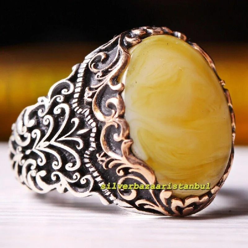 Turkish Handmade Mens Amber Stone Exclusive 925 Sterling Silver Ring