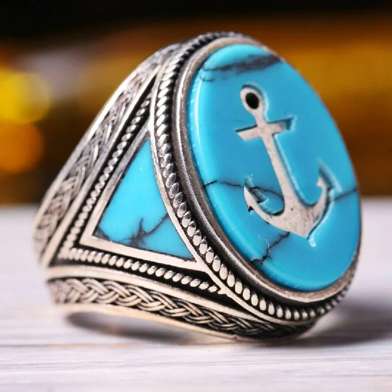 Turkish Jewelry 925 Sterling Silver Anchor Style Turquoise Mens Ring