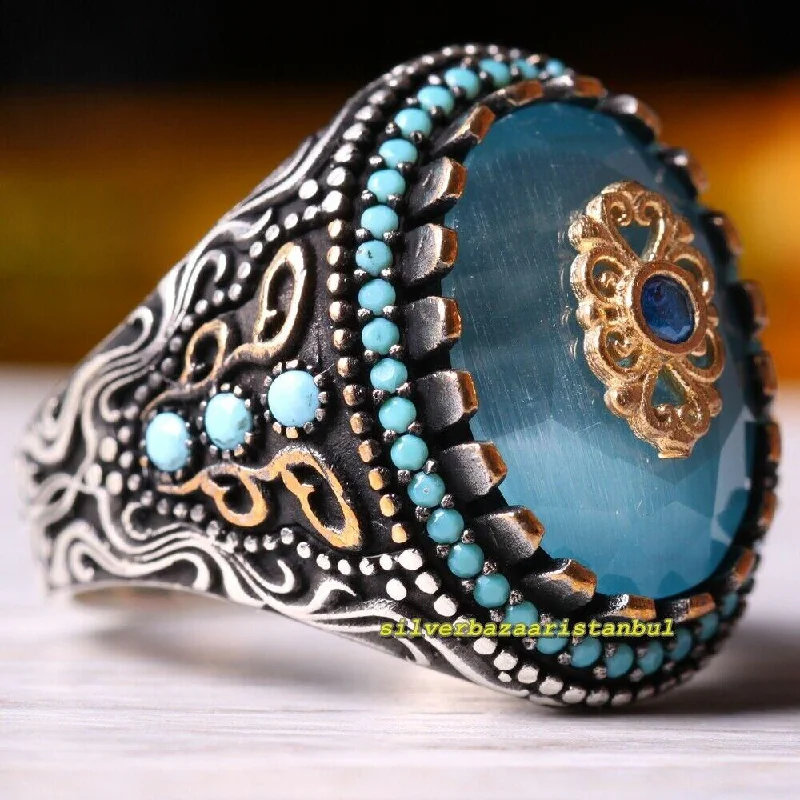 Turkish Jewelry 925 Sterling Silver Aquamarine Stone Mens Ring