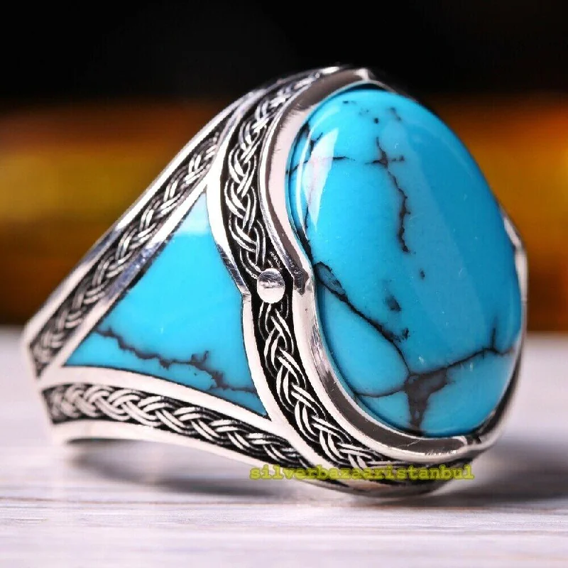 Turkish Jewelry 925 Sterling Silver Luxury Turquoise Stone Mens Ring