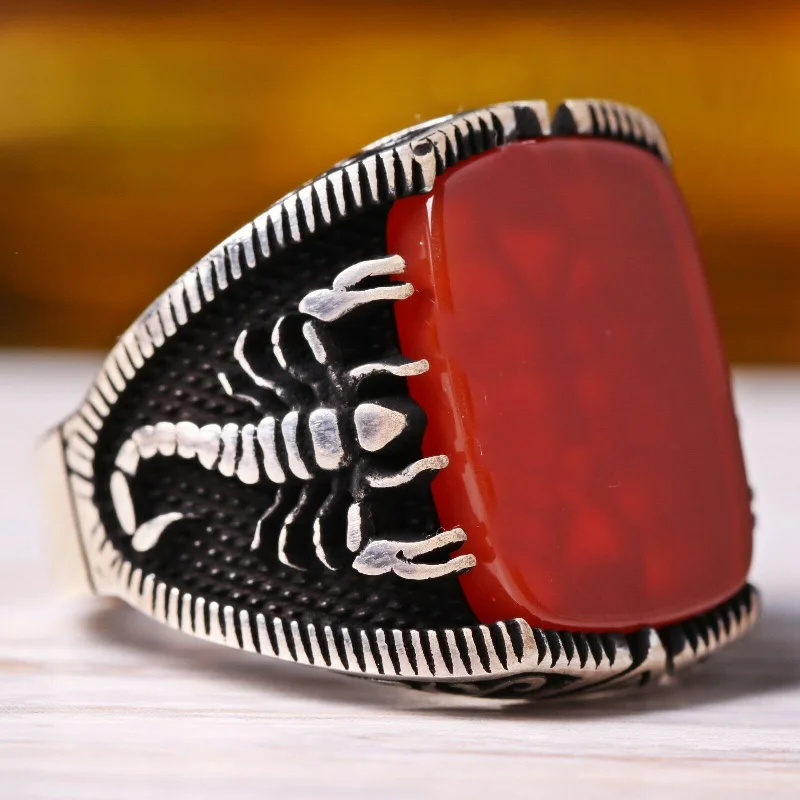 Turkish Jewelry 925 Sterling Silver Scorpion Agate Aqeeq Mens Ring