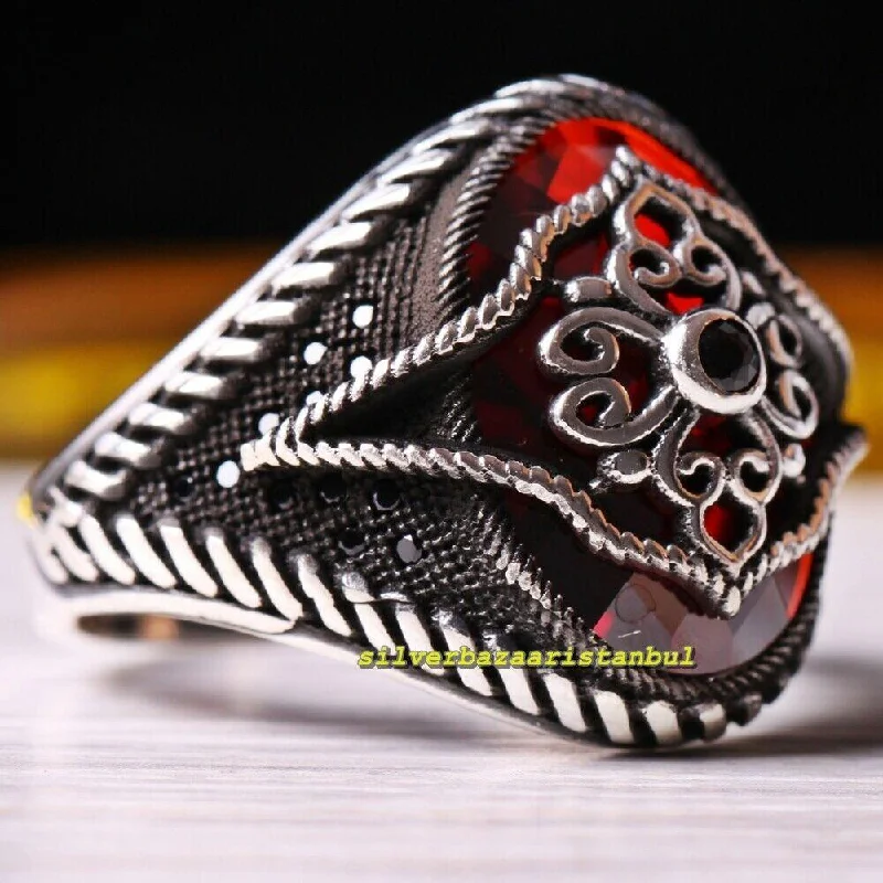 Turkish Jewelry Handmade 925 Sterling Silver Ruby Red Stone Mens Ring