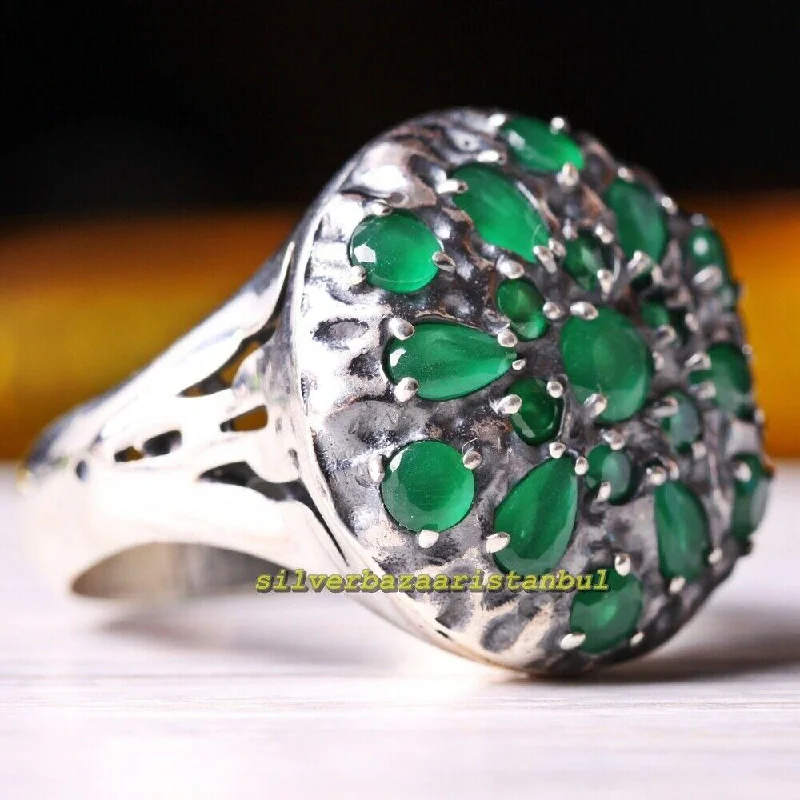 Turkish Round Green Emerald Stones 925 Sterling Silver Mens Ring