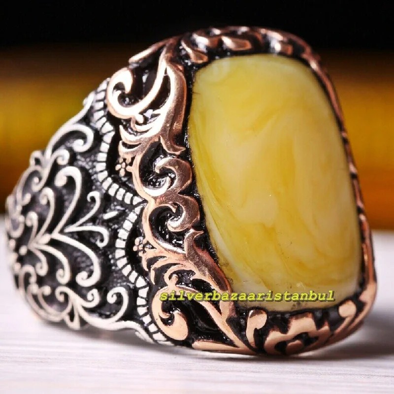 Turkish Yellow Amber Stone Exclusive 925 Sterling Silver Mens Ring