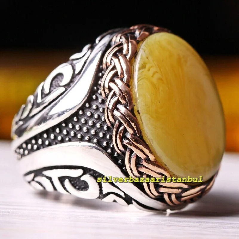 Turkish Yellow Amber Stone Exclusive 925 Sterling Silver Mens Ring