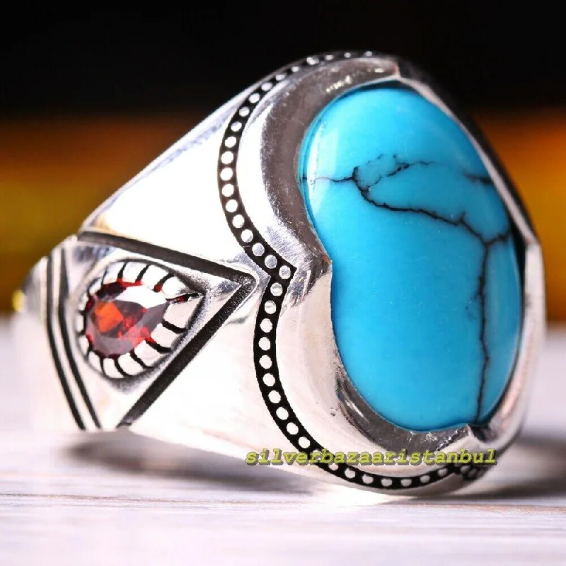 Turquoise and Ruby Stone Turkish 925 Sterling Silver Mens Ring