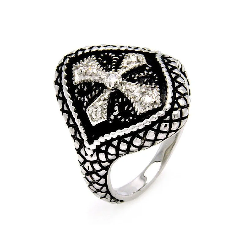 Silver 925 Rhodium and Black Rhodium Plated 2 Toned Clear CZ Cross Crest Cigar Band Ring - BGR00449