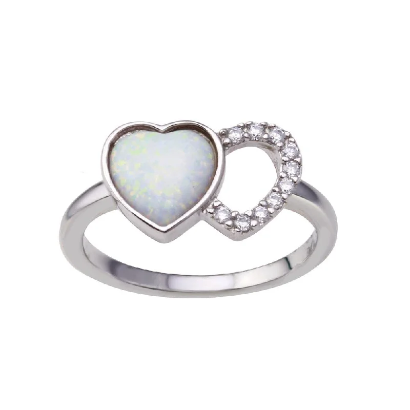 Rhodium Plated 925 Sterling Silver 2 Open Heart Simulated Opal and Clear CZ Ring - BGR01354