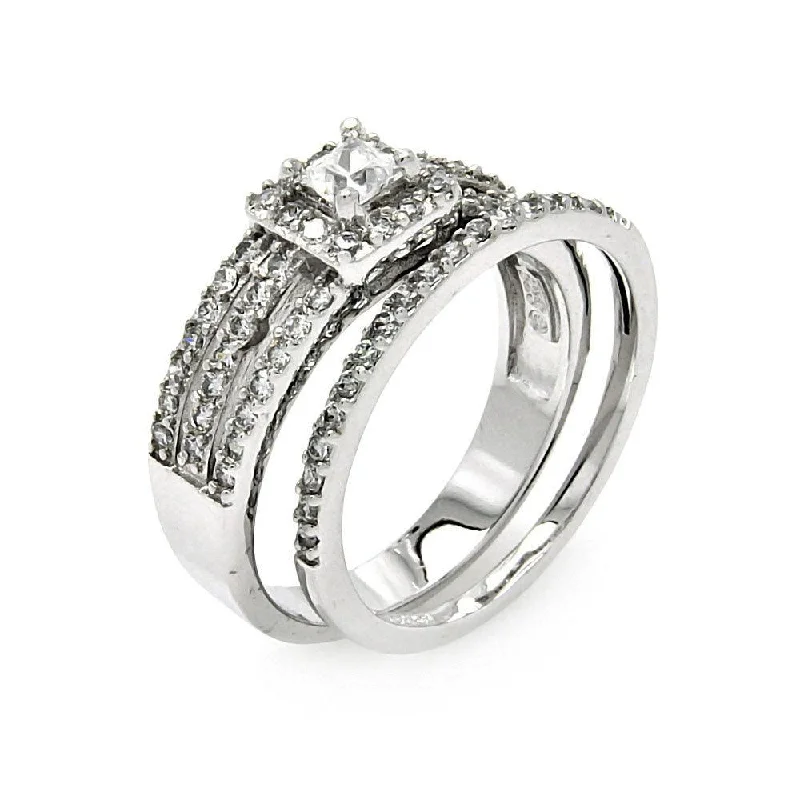 Silver 925 Rhodium Plated 3 Row Clear Square Center CZ Bridal Ring Set - BGR00457