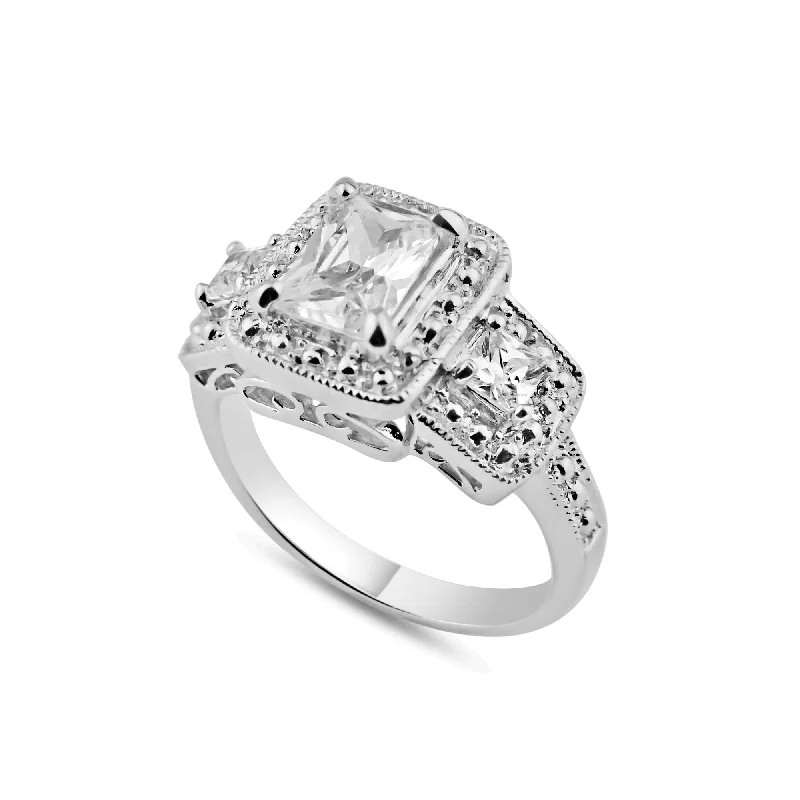 Rhodium Plated 925 Sterling Silver 3 Set Square Clear CZ Bridal Ring - BGR00552