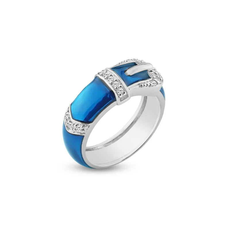 Silver 925 Rhodium Plated Blue Enamel CZ Belt Buckle Ring - STR00614