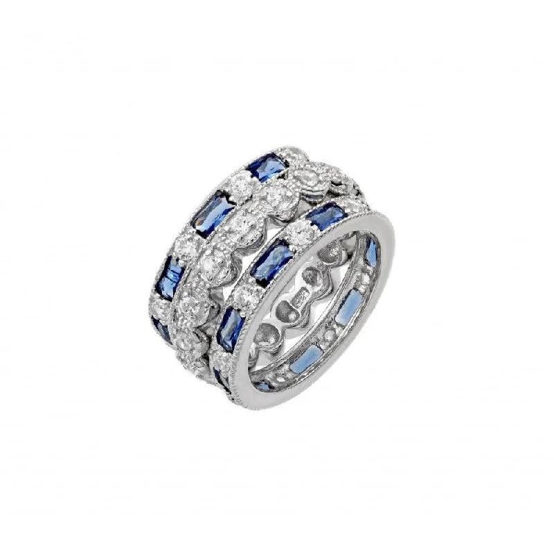 Silver 925 Rhodium Plated Blue Baguette and Round Clear CZ Ring - STR01019