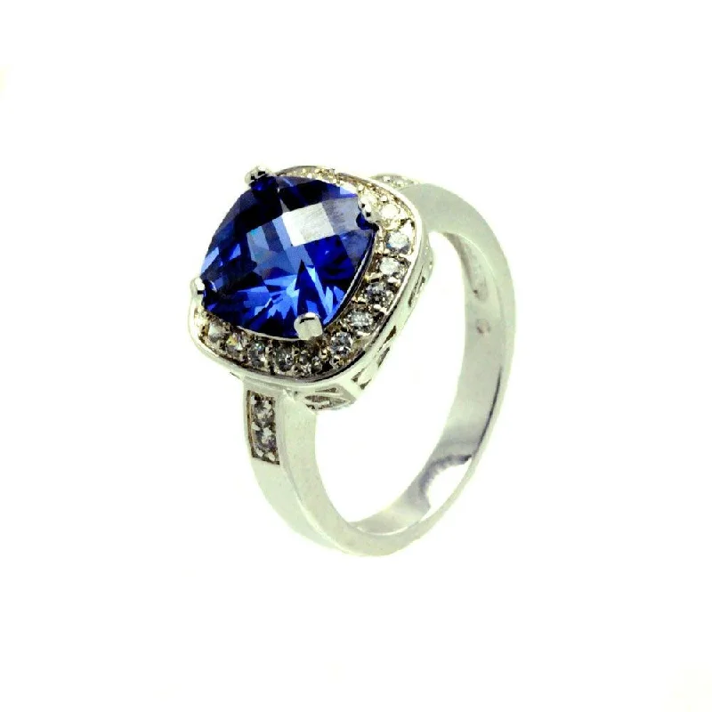 Silver 925 Rhodium Plated Blue Center Square and Clear Cluster CZ Ring - BGR00625