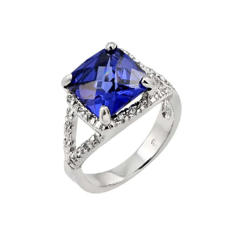 Silver 925 Rhodium Plated Blue Princess Cut Center and Clear CZ Ring - BGR00771