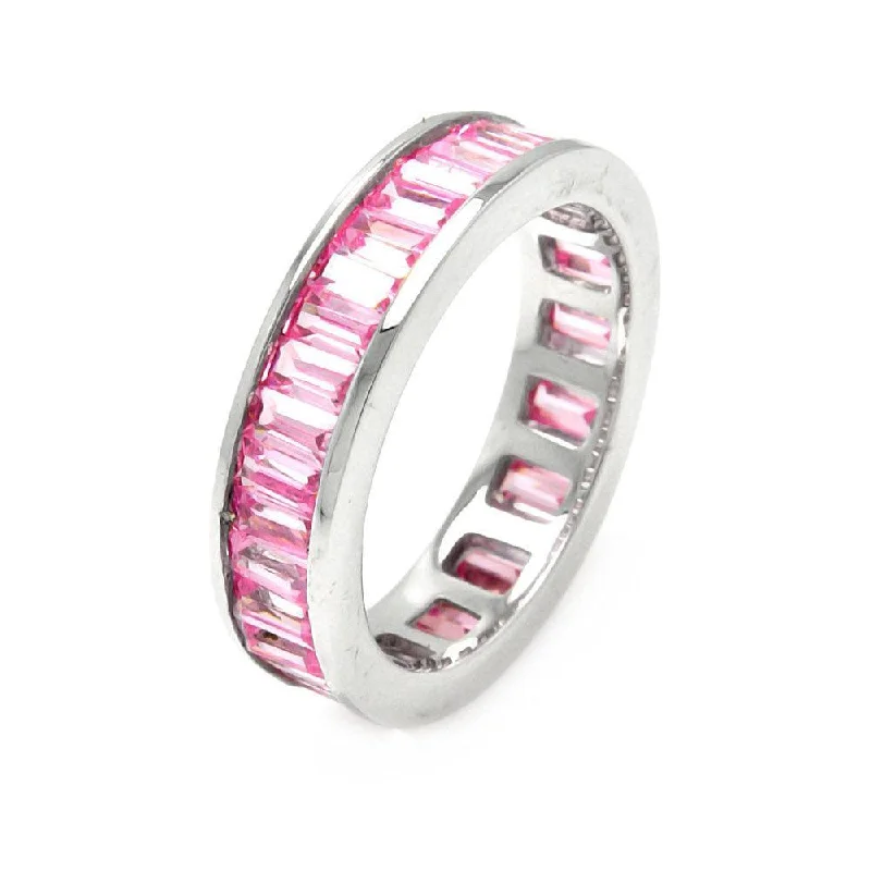 Silver 925 Rhodium Plated Channel Set Pink Baguette CZ Stackable Eternity Ring - STR00124PNK