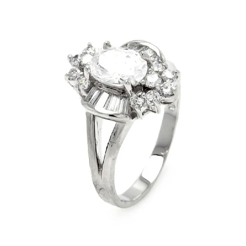 Silver 925 Rhodium Plated Clear Baguette Round Center CZ Flower Bridal Ring - BGR00400