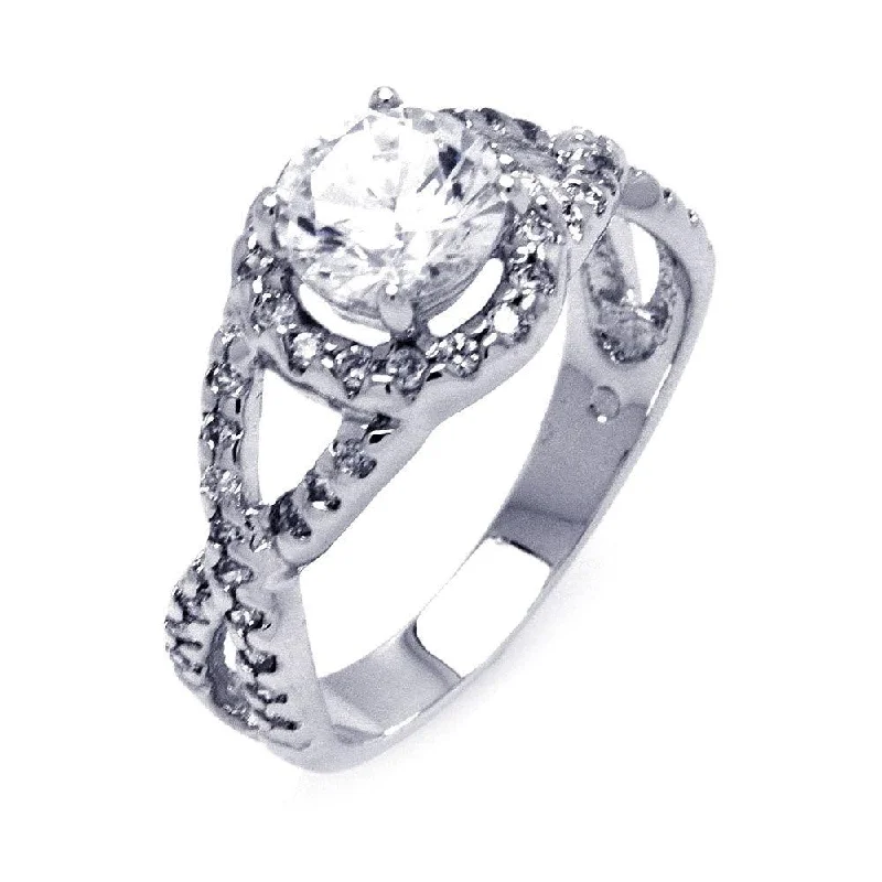 Silver 925 Rhodium Plated Clear Center CZ Wave Side Bridal Ring - BGR00404