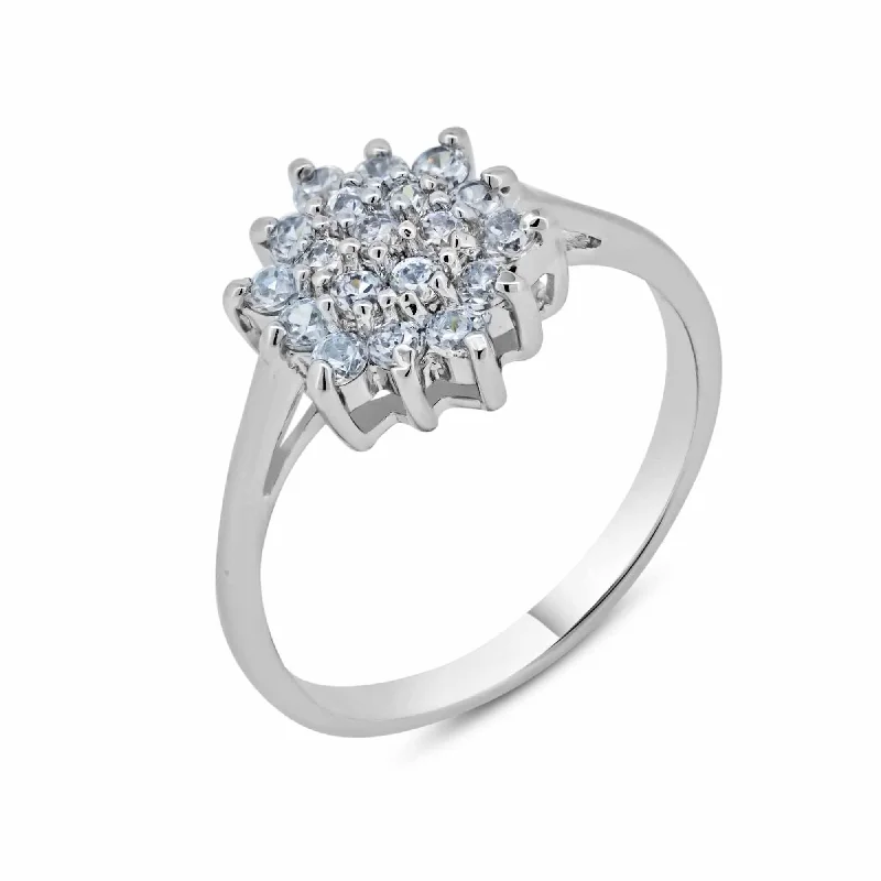 Silver 925 Rhodium Plated Clear Cluster CZ Flower Ring - BGR00391