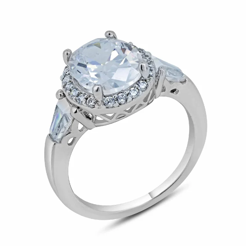 Silver 925 Rhodium Plated Clear Cluster CZ Round Bridal Ring - BGR00573