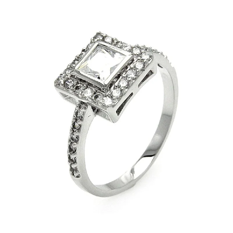 Silver 925 Rhodium Plated Clear Cluster CZ Square Bridal Ring - BGR00572