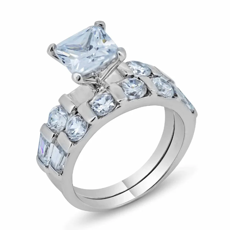 Silver 925 Rhodium Plated Clear CZ Square Ring - BGR00093