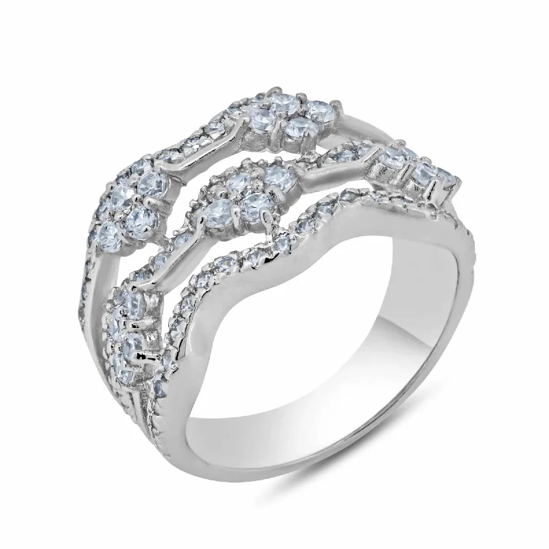 Silver 925 Rhodium Plated Clear CZ Wave Ring - BGR00247