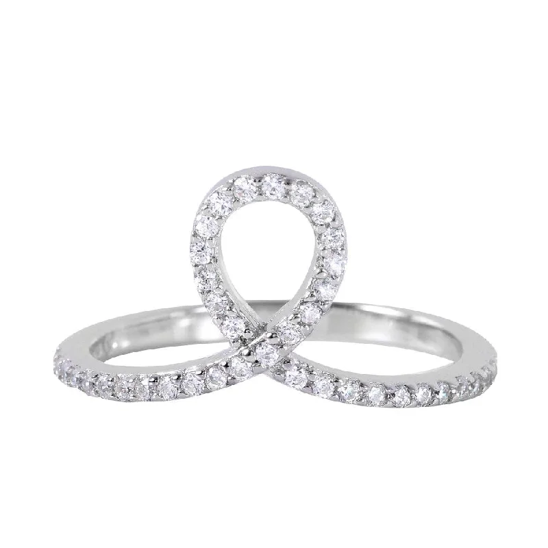 Silver 925 Rhodium Plated Clear Pave Set CZ Loop Ring - BGR00947