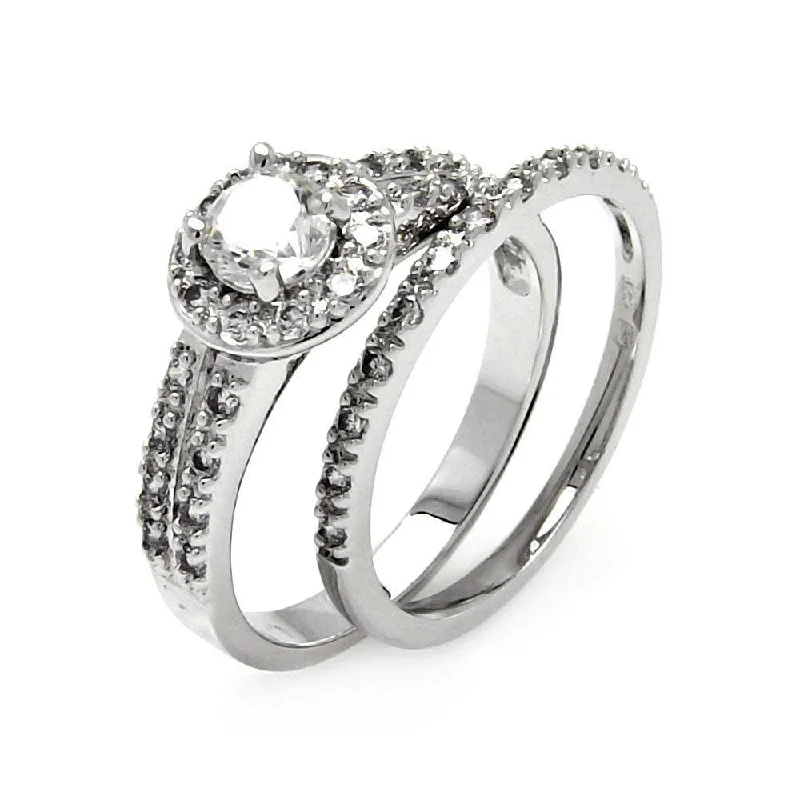 Silver 925 Rhodium Plated Clear Pave Set CZ Round Bridal Ring Set - BGR00460