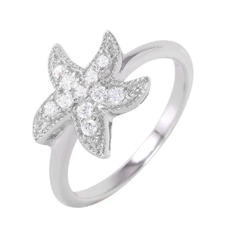 Silver 925 Rhodium Plated Clear Pave Set CZ Starfish Ring - BGR00937