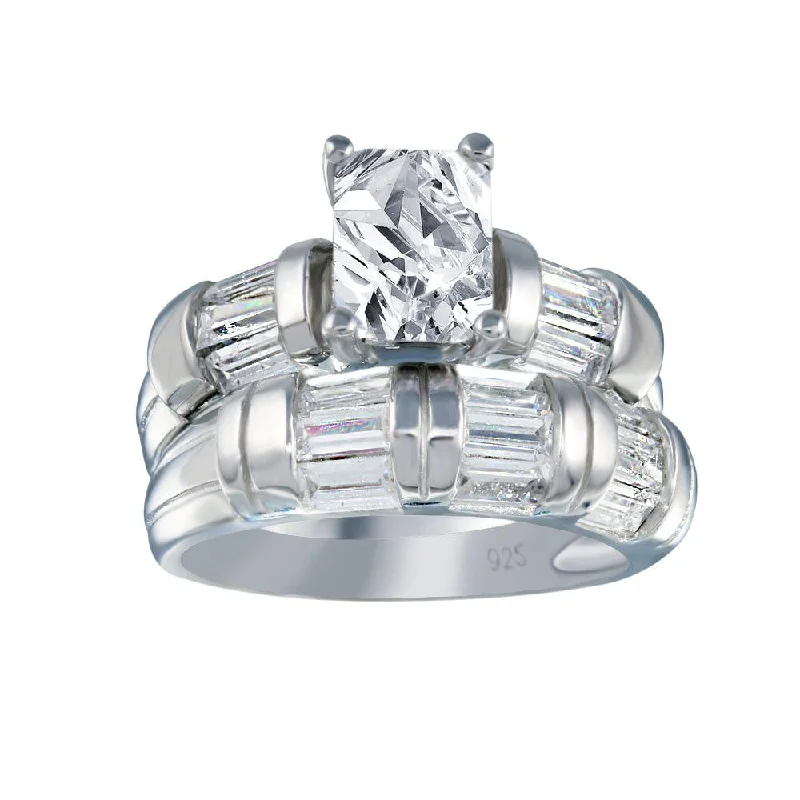 Silver 925 Rhodium Plated Clear Rectangular Center Baguette CZ Engagement Ring Set - AAR0083