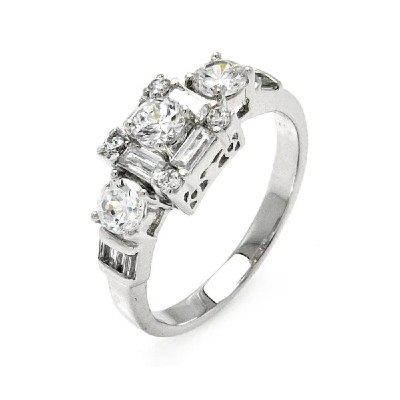 Silver 925 Rhodium Plated Clear Round and Baguette CZ Bridal Ring - BGR00476