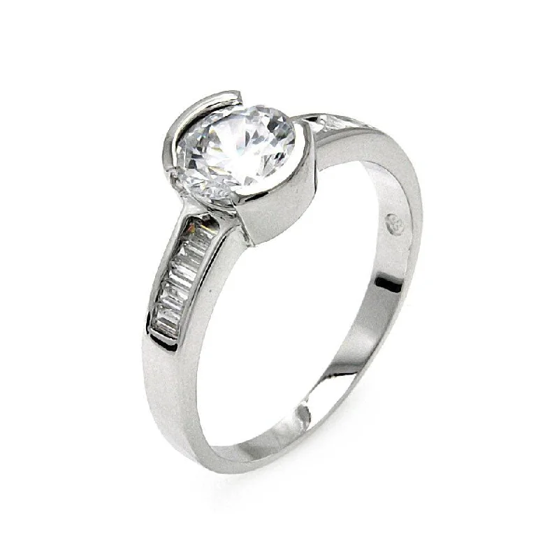 Silver 925 Rhodium Plated Clear Round Center and Baguette CZ Bridal Ring - BGR00549