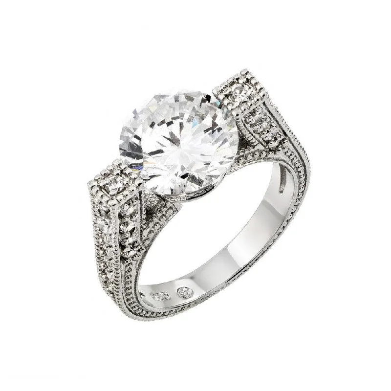 Silver 925 Rhodium Plated Clear Round Center and Pave Set CZ Ring - BGR00758