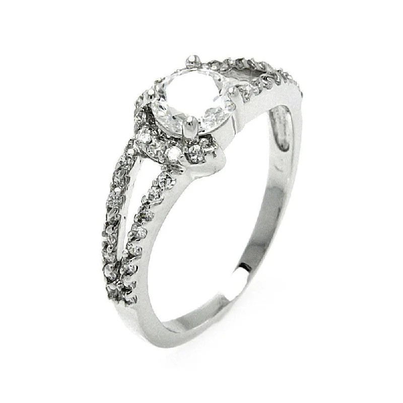 Silver 925 Rhodium Plated Clear Round Center CZ Open Bridal Ring - BGR00569