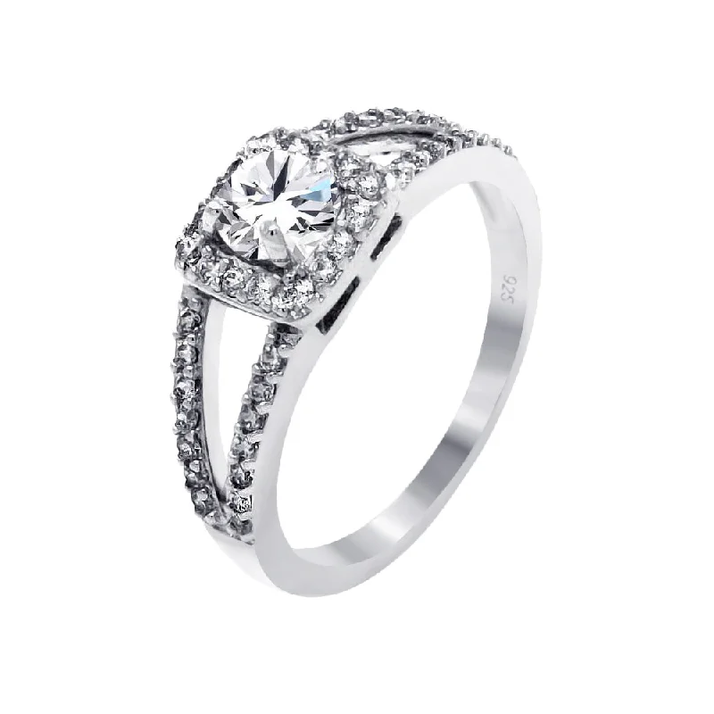 Silver 925 Rhodium Plated Clear Round Center Square Cluster CZ Bridal Ring - BGR00465