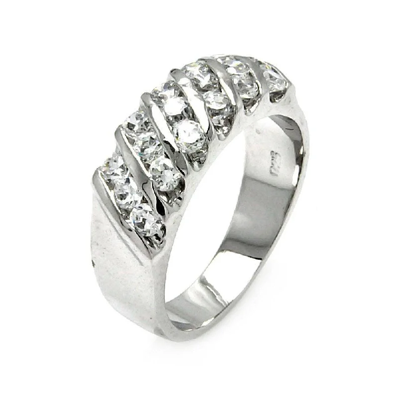 Silver 925 Rhodium Plated Clear Round CZ Stripe Ring - BGR00561