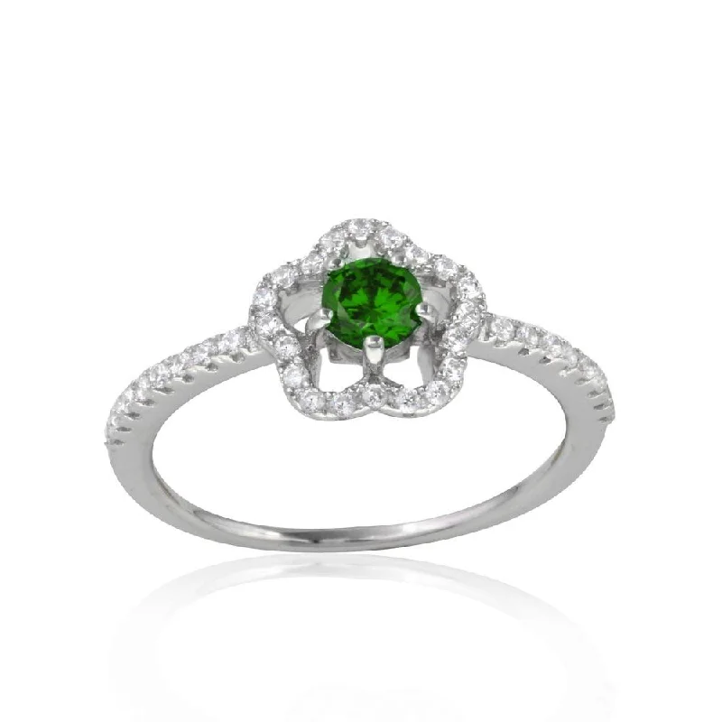 Rhodium Plated 925 Sterling Silver Clover Micropave Ring with Green Center CZ and Clear Round CZ - BGR01120GRN