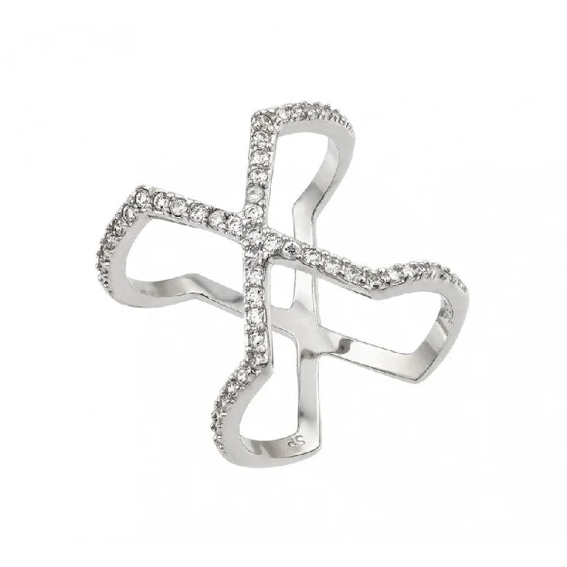 Silver 925 Rhodium Plated Cross X Clear CZ Ring - STR01007