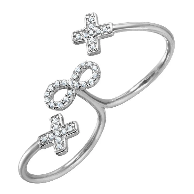 Silver 925 Rhodium Plated Crosses and Infinity CZ Two-Finger Open Ring - BGR00999