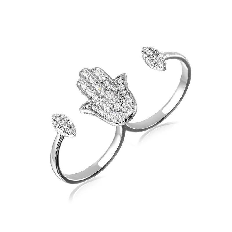 Silver 925 Rhodium Plated CZ Hamsa Hand Double Ring - GMR00102