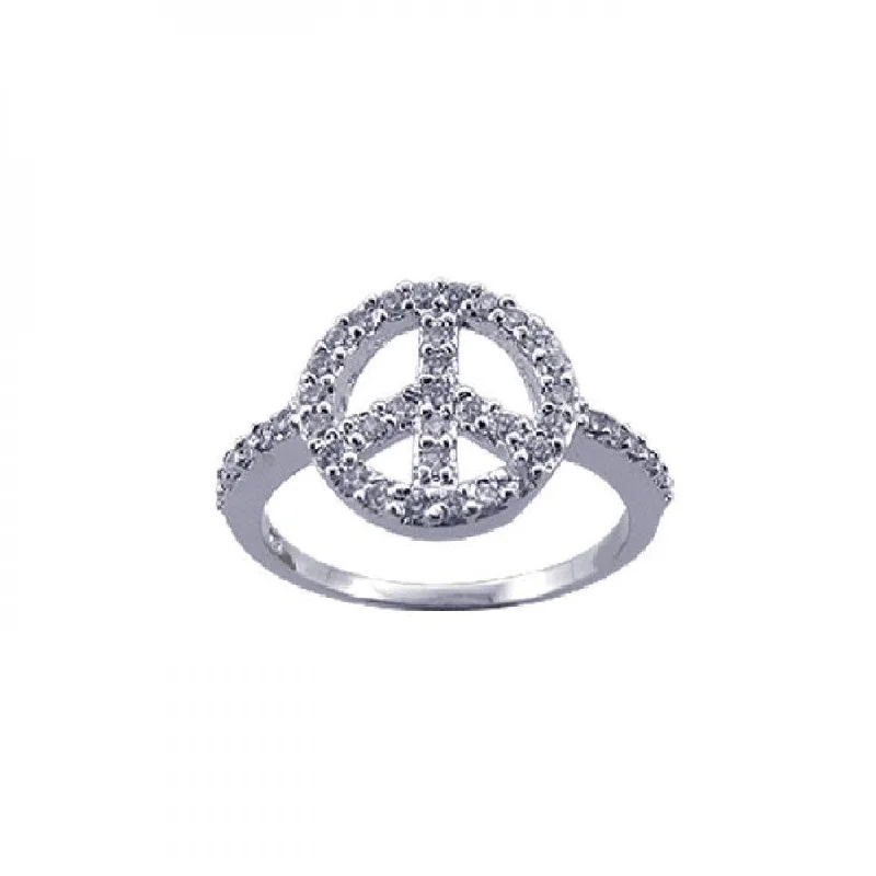 Silver 925 Rhodium Plated CZ Peace Sign Ring - STR00591