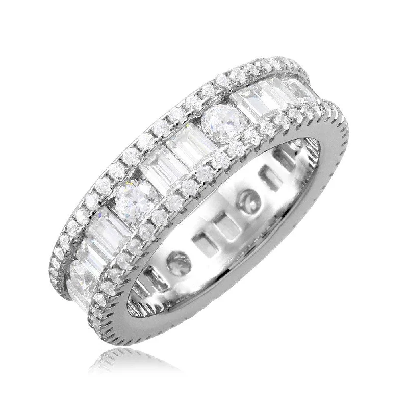 Silver 925 Rhodium Plated Eternity Band with Baguette CZ Stones - BGR01075