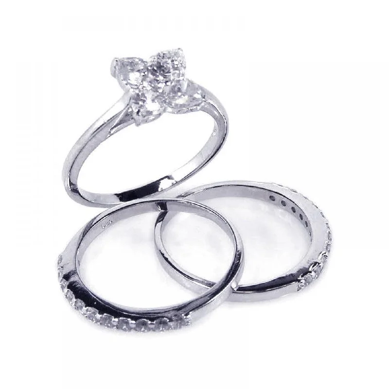 Silver 925 Rhodium Plated Flower Center Clear CZ Bridal Ring Set - BGR00079