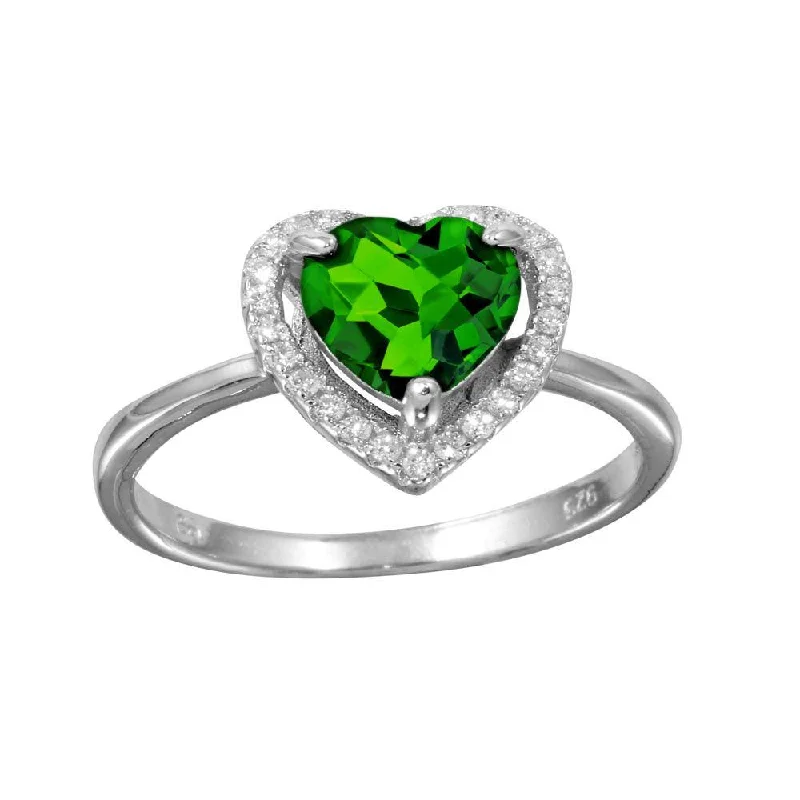 Rhodium Plated 925 Sterling Silver Green Halo Heart Ring - BGR01139GRN